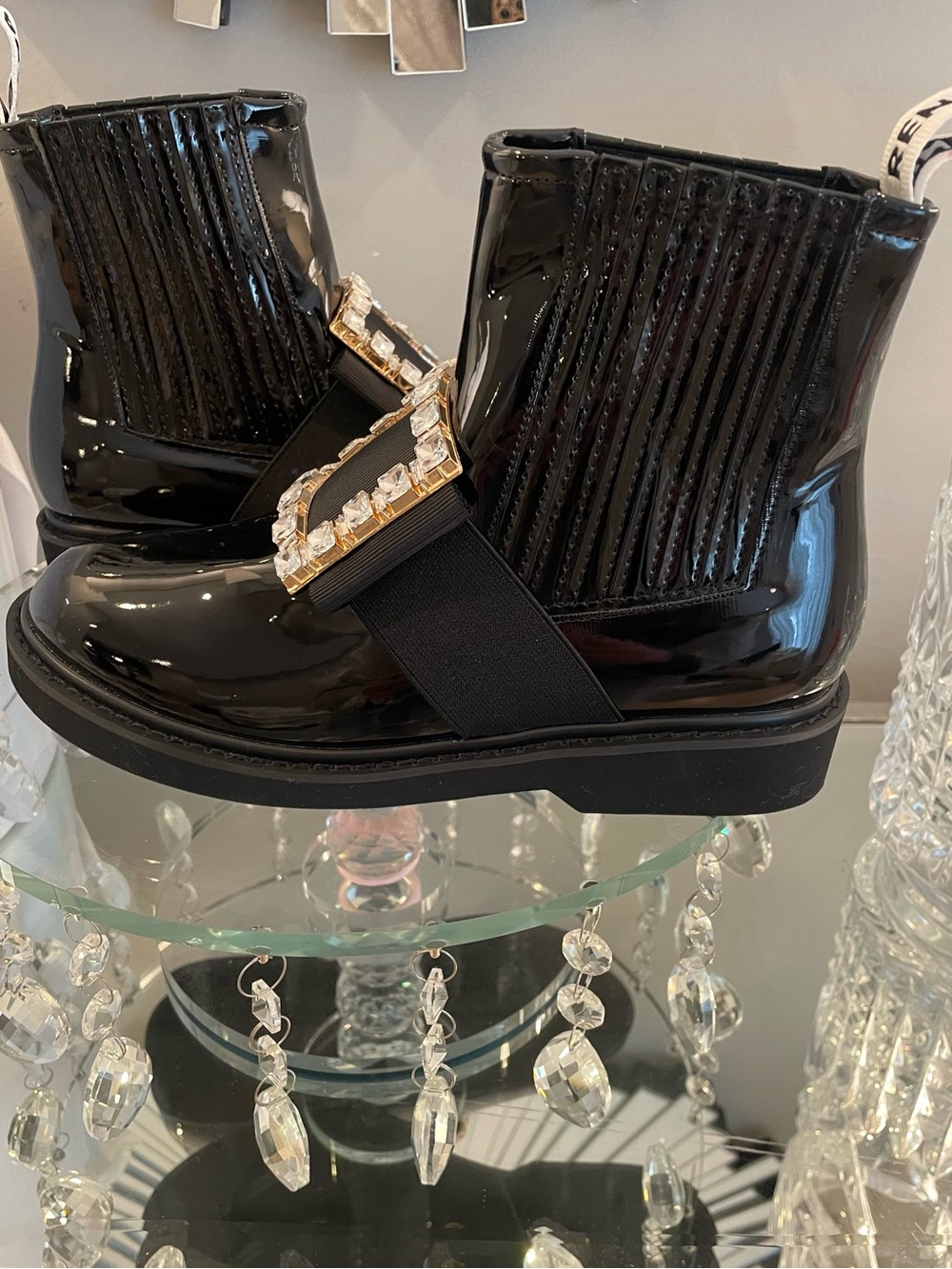 Black Patent Jewel-Buckle Chelsea Boots - Women - Picture 4 of 5